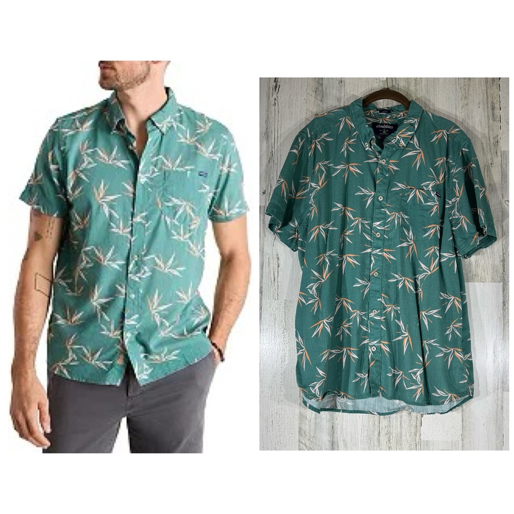 Chubbies Mens Button Down Shirt Size‎ XL Tropical Leaf Print Teal Green READ